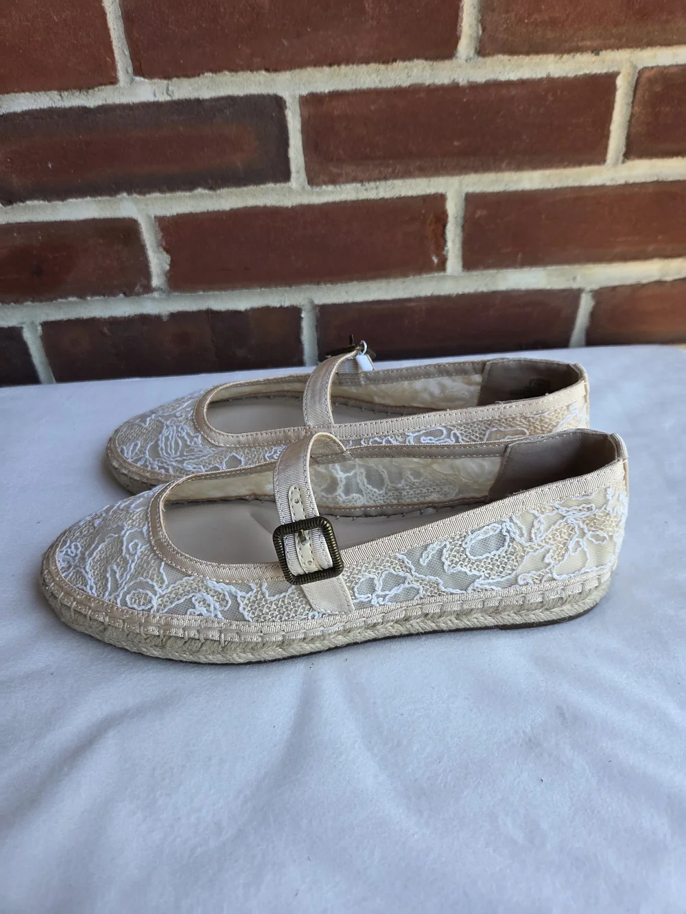 Lucky Brand Odilla Espadrille Mary Jane Lace Flats Tan US 7.5 EU 38